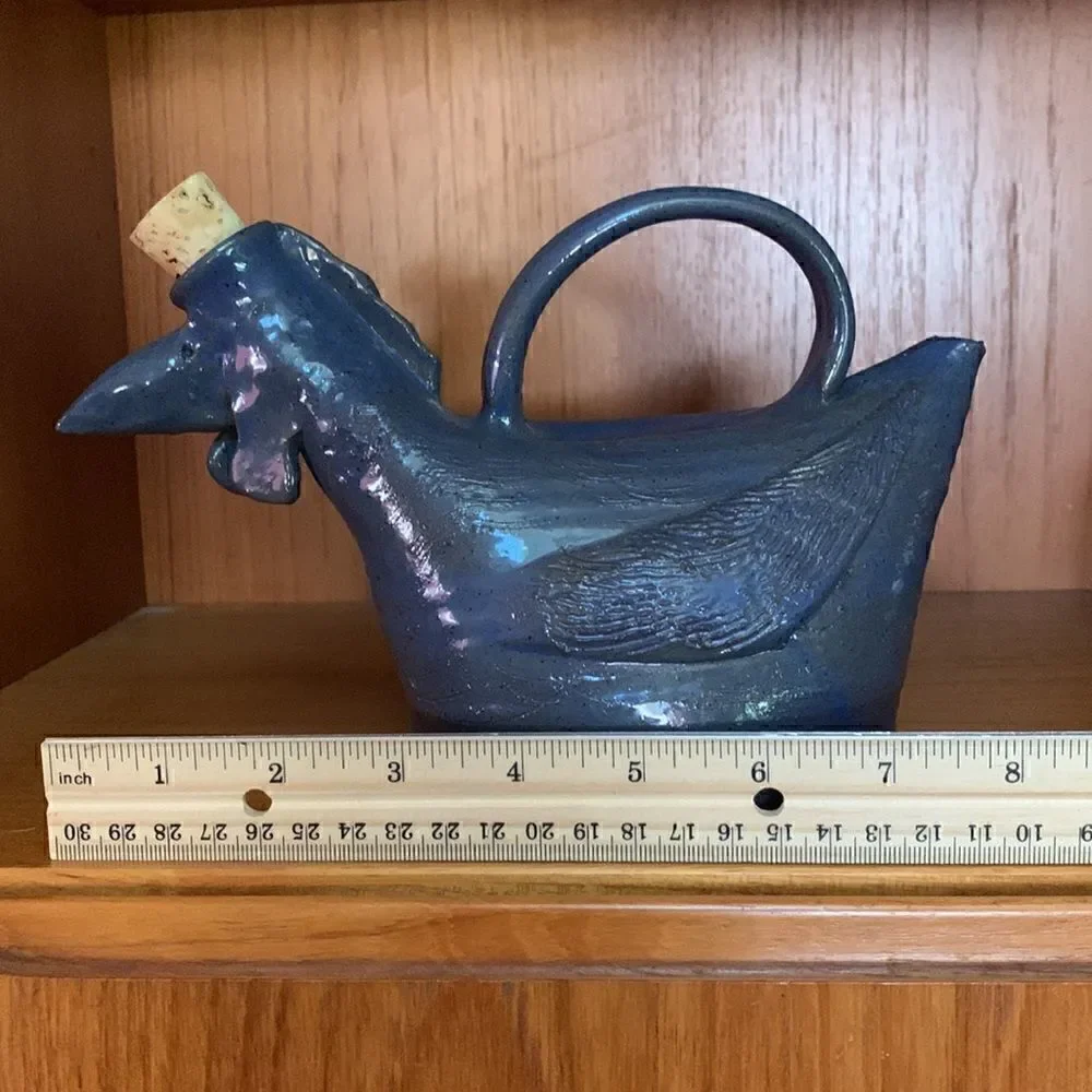 Hand Crafted Clay Oil Dispenser Rooster Blue Pottery